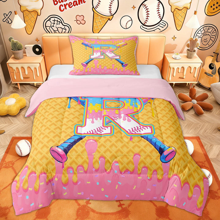 Erosebridal Cartoon R Letter Twin Comforter Sets for Kid, Pink Ice Cream Baseball Bedding Set, 2-Piece