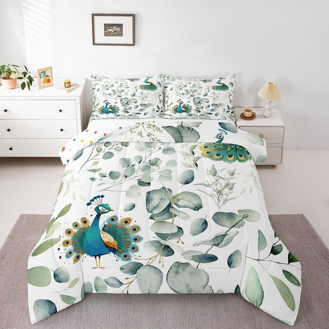 Kawaii Animal Twin Bedding Sets Cute Peacock Comforter Set, Cartoon Wildlife Bedding Comforter Sets Green Leaf Duvet Insert, Spring Plant Down Comforter Bedroom Decor