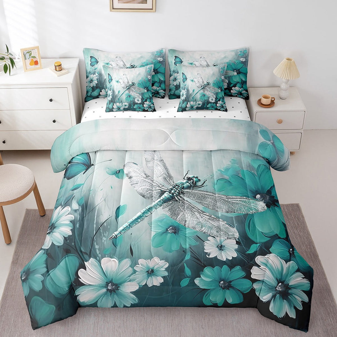 Dragonfly 7 Piece Comforter Set Full Daisy Flowers Bedding Sets,Turquoise Ombre Oil Painting Sheet Set with Comforter Graffiti Art Rustic Animals Butterfly Bohemian Decor