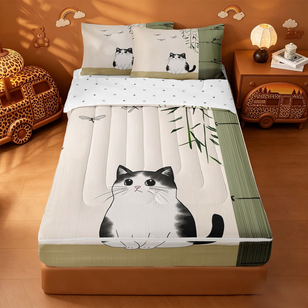 meiyoeat Kawaii Cat Zipper Full Size Comforter Sets with Fitted Sheet and 2 Pillowcases,Minimal Kitten Print Zipper Bedding Set For Girl,Reversible,4 Pieces