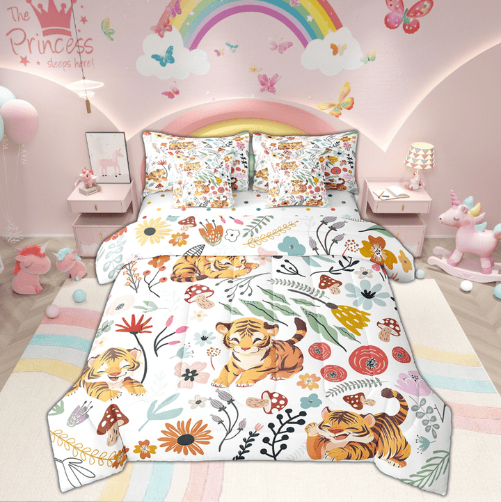 Cute Tiger Comforter Set 7 Piece Bed in a Bag Twin,Mushroom Floral Cartoon Animal Bedding Sets Watercolor Flowers Leaves Sheet Set with Comforter