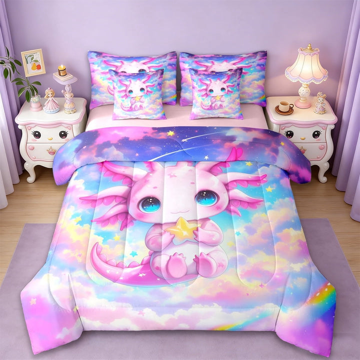 Erosebridal Cartoon Pink Axolotl 7-Piece Twin Bedding Sets,Colorful Sky Galaxy Starry Night Bedding Comforter Set,Reversible