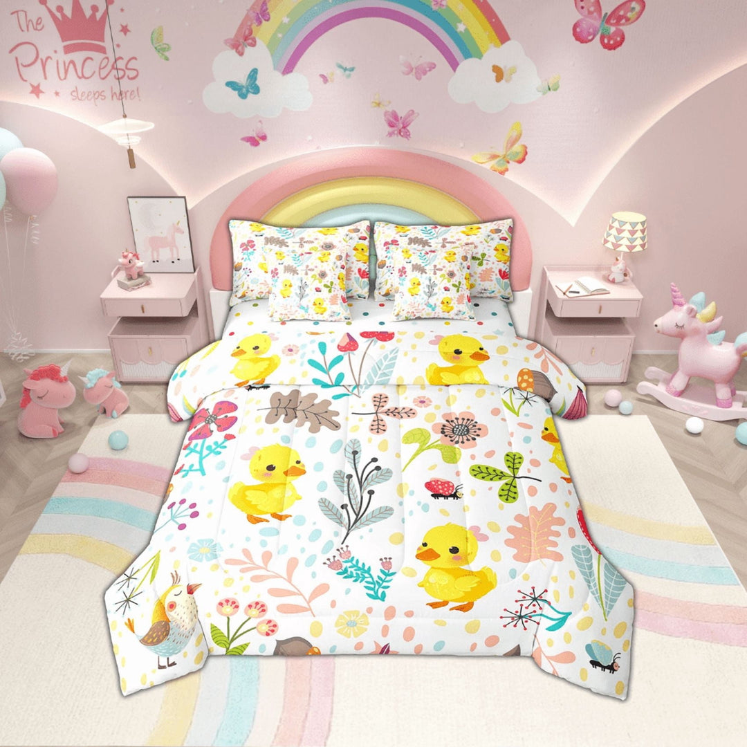 Erosebridal Cartoon Yellow Duck Bed In A Bag 7 Piece Cute Duck Twin Comforter Set With Sheets ,Kawaii Floral Animal Bedding Set Woodland Leaves Flowers Butterfly Bed Set