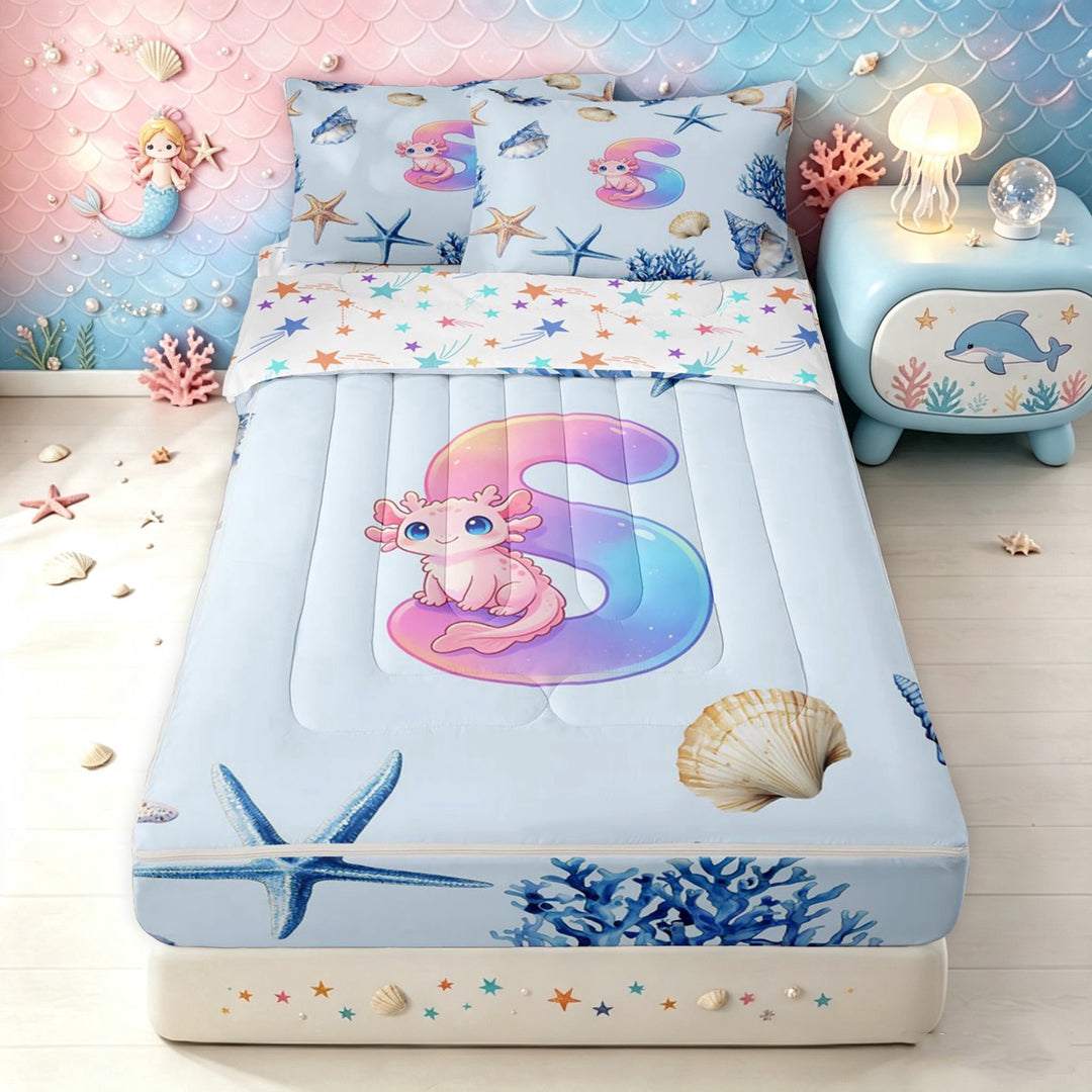 meiyoeat Cartoon Letter S Zipper Full Size Comforter Sets with Fitted Sheet and 2 Pillowcases for Girls, Sea Axolotl Starfish Zipper Bedding Set, Blue, Star Reversible, 4pcs