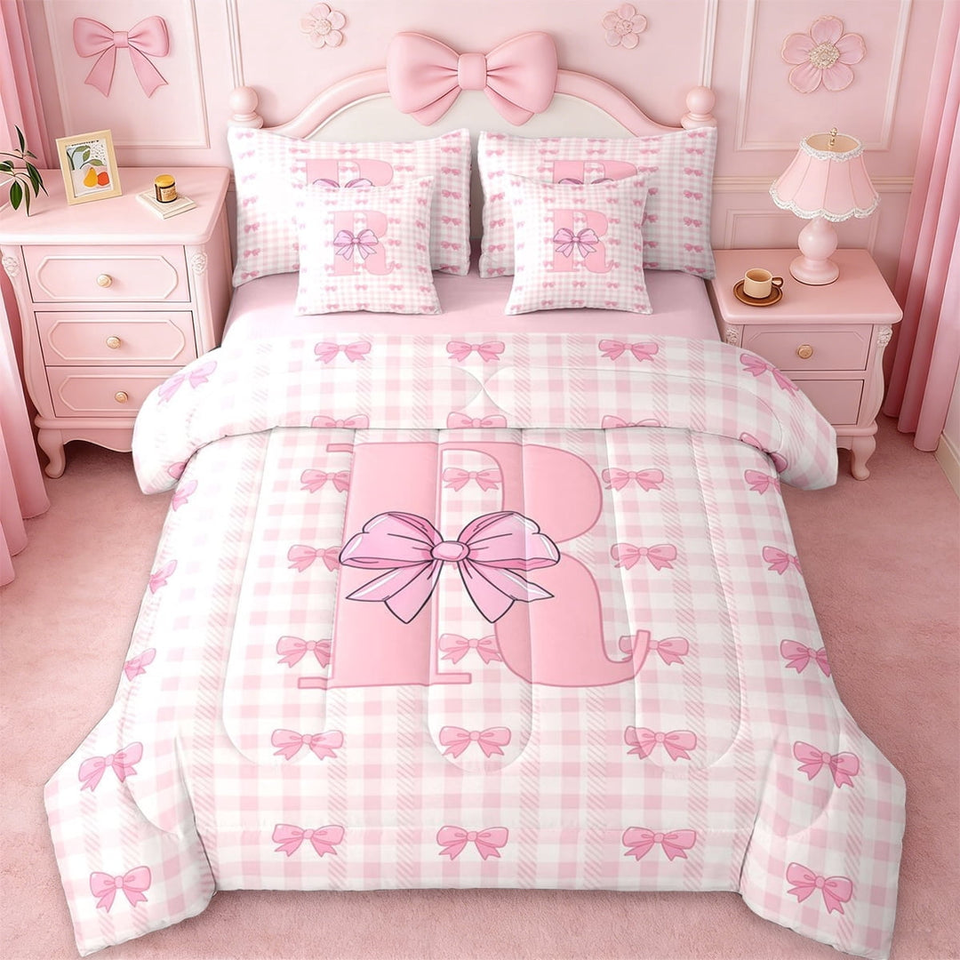 Erosebridal Cartoon Girly Bowknot 7-Piece Twin Bedding Sets For Kids,Initial Letter R Theme Bedding Comforter Set,Pink Reversible