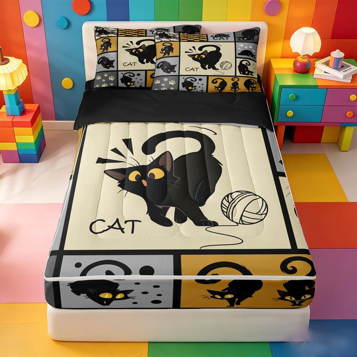 meiyoeat Black Cat Patchwork Pattern Zipper Full Size Comforter Sets with Fitted Sheet and 2 Pillowcases For Boys,Cute Kitten Print Zipper Bedding Set,Reversible,4-Piece