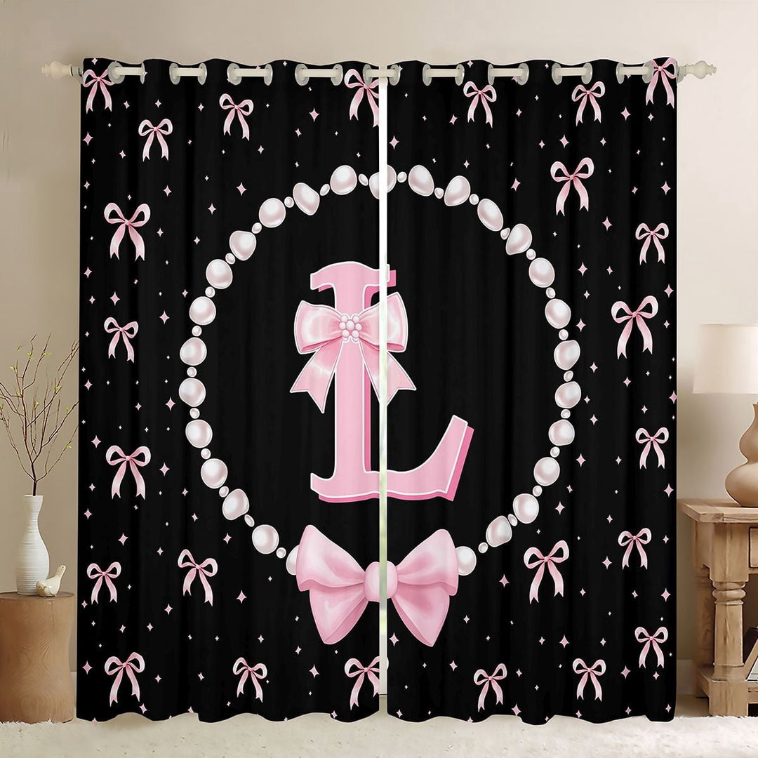 Manfei Kawaii Bow Personalized Initial L Black Out Curtains for Girls,Cartoon Pearl Bowknot Alphabet Curtains Pack of 2 (42x63 Each) for Kids Teens,Microfiber Bedroom Decor