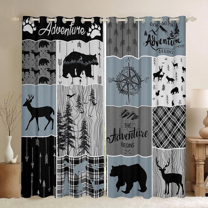 Cabin Rustic Lodge Curtains, Bear Deer Vintage Blackout Curtains Country Farmhouse Patchwork Curtains &amp; Drapes Woodland Geometric Plaid Patchwork Window Curtains 42Wx63L 2 Panels, Grey Black