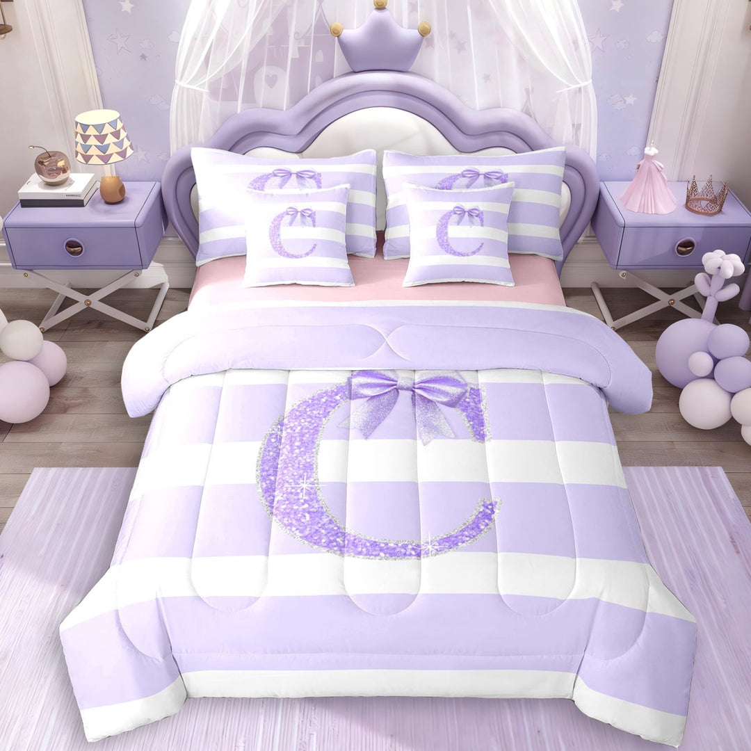 Erosebridal Teens Ribbon Bow Knot Geometric Stripes Twin Bedding Sets 7-Piece,Bling Glitter Print C Personalized Initial Bedding Comforter Set For Children Boys Girls,Pink Reversible