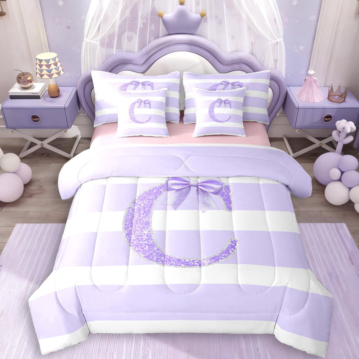 Erosebridal Teens Ribbon Bow Knot Geometric Stripes Twin Bedding Sets 7-Piece,Bling Glitter Print C Personalized Initial Bedding Comforter Set For Children Boys Girls,Pink Reversible