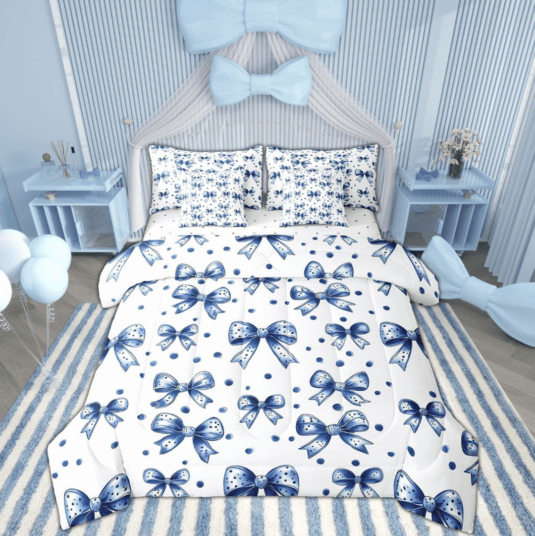 Erosebridal Grey Bow-Tie Bedding Sets Twin Size , Cute Polka Dots Bed Set, Reversible 7-Piece