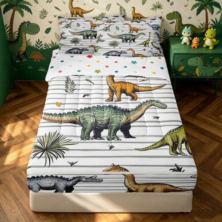meiyoeat Cartoon Dinosaur Zipper Full Size Comforter Sets with Fitted Sheet and 2 Pillowcases for Girls Boys, Jungle Wildlife Zipper Bedding Set, White Green, Polkadot Reversible, 4pcs