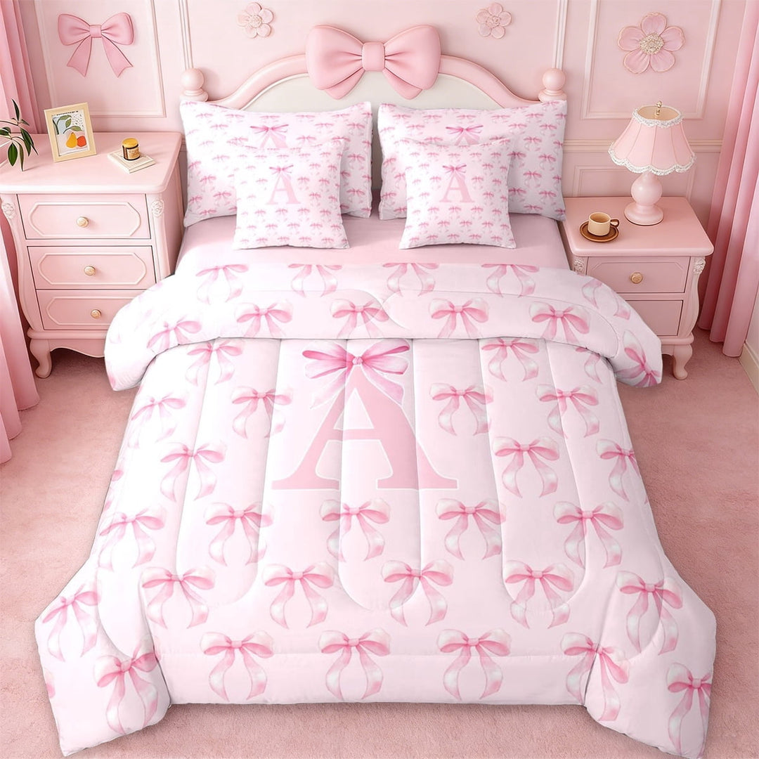 Erosebridal Ribbon Bow 7-Piece Twin Bedding Sets For Girls,Pink Bowknot Letter A Initial Bedding Comforter Set,Pink Reversible