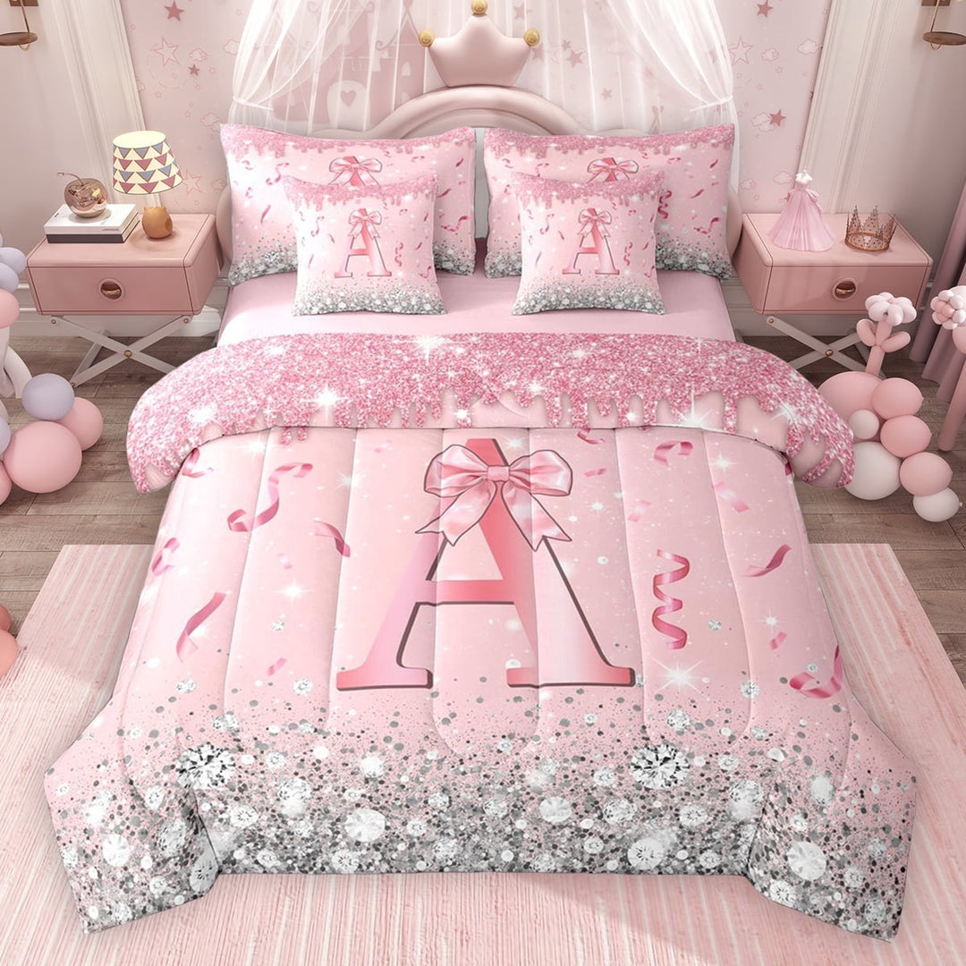 Erosebridal Dreamy Glitters Print Twin Bedding Sets for Girls, Pink Bling A Letter Bedding Comforter Set, Pink Reversible 7-Piece