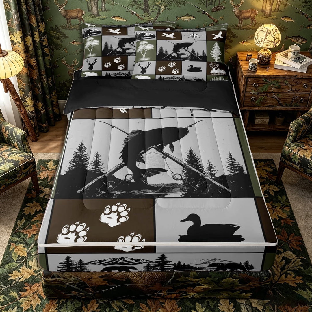 Meiyoeat Wildlife Mallard Duck Big Bass Fish Deer Bear Zipper Twin Comforter Sets with Fitted Sheet and 2 Pillowcases, Rustic Fishing and Hunting Zipper Bedding Set,4-Piece,Black Reversible