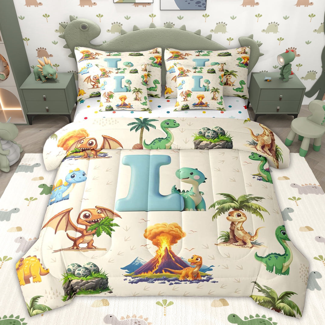 Erosebridal Jungle Dinosaur Twin Bedding Sets, Blue Initial BLLetter Bedding Comforter Set for Kids Girls Boys, Polka Dots Reversible, 7-Piece