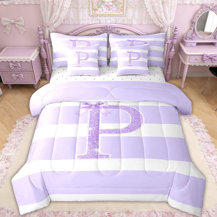 Erosebridal Glitter Print Bow Letter P Twin Bedding Sets for Girls, Purple Stripes Ribbon Bedding Comforter Set, Reversible, 7-Piece