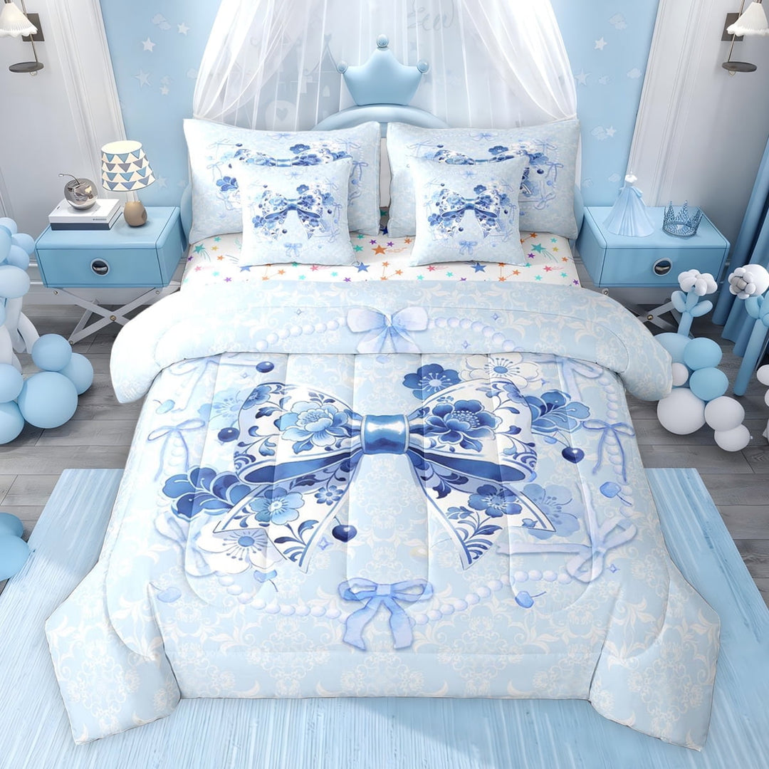 jejeloiu Blue Bowknot Bow 7 Pieces Bedding Comforter Set,Retro Bohemian Floral Full Bedding Set For Girls Kids Reversible