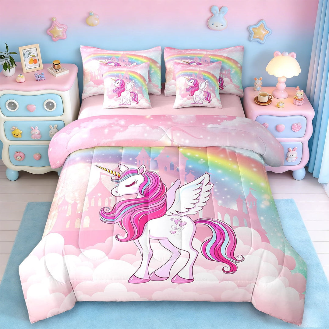 Erosebridal Cute Unicorn Bedding Sets Twin Size,Fairy Castle Silhouette Comforter Sets with Sheets,Rainbow Galaxy Starry Bed in a Bag Twin Size,Ultra Soft Bedroom Decorative Reversible,7-Piece