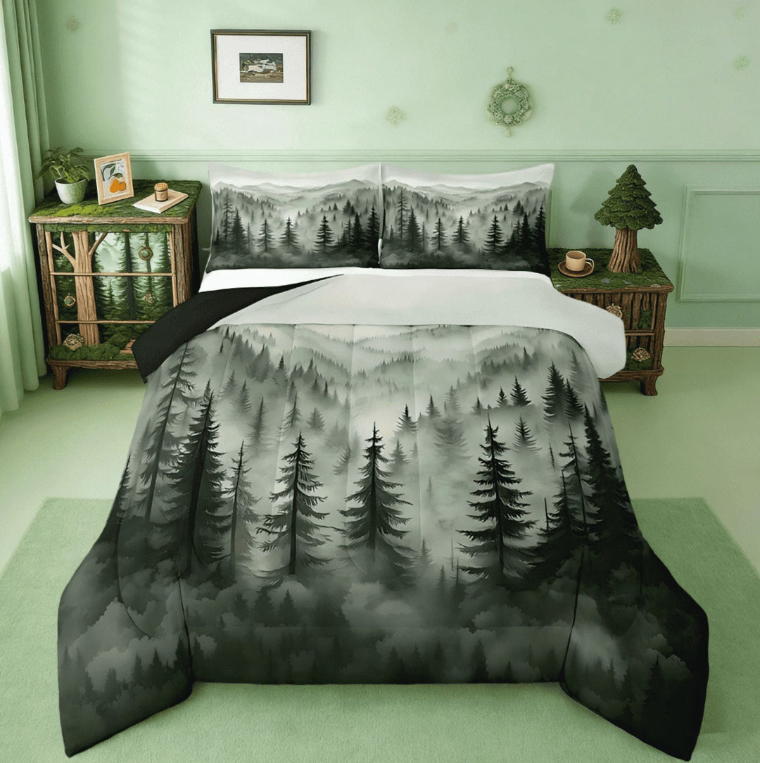 Manfei Nature Scenery Mountain Full Size Comforter Sets, Rustic Woodland Botanical Pine Tree Bedding Sets For Kids Adults Natural Jungle Plants Reversible 3pcs