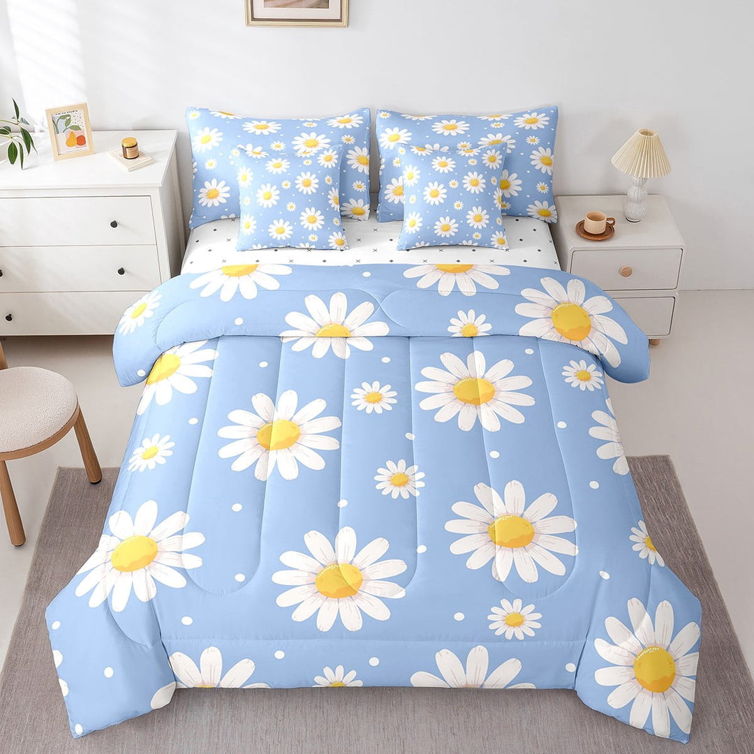 Erosebridal Rustic Groovy Bed in a Bag Full size, Daisy Flower Bed Set, Blue, Reversible 7-Piece