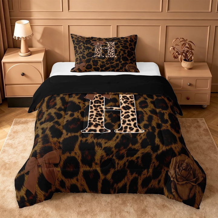 Erosebridal Africa Cheetah Pattern Twin Comforter Sets,Letter H Personalized Initial Bedding Set For Women,Black Reversible,2 Pieces