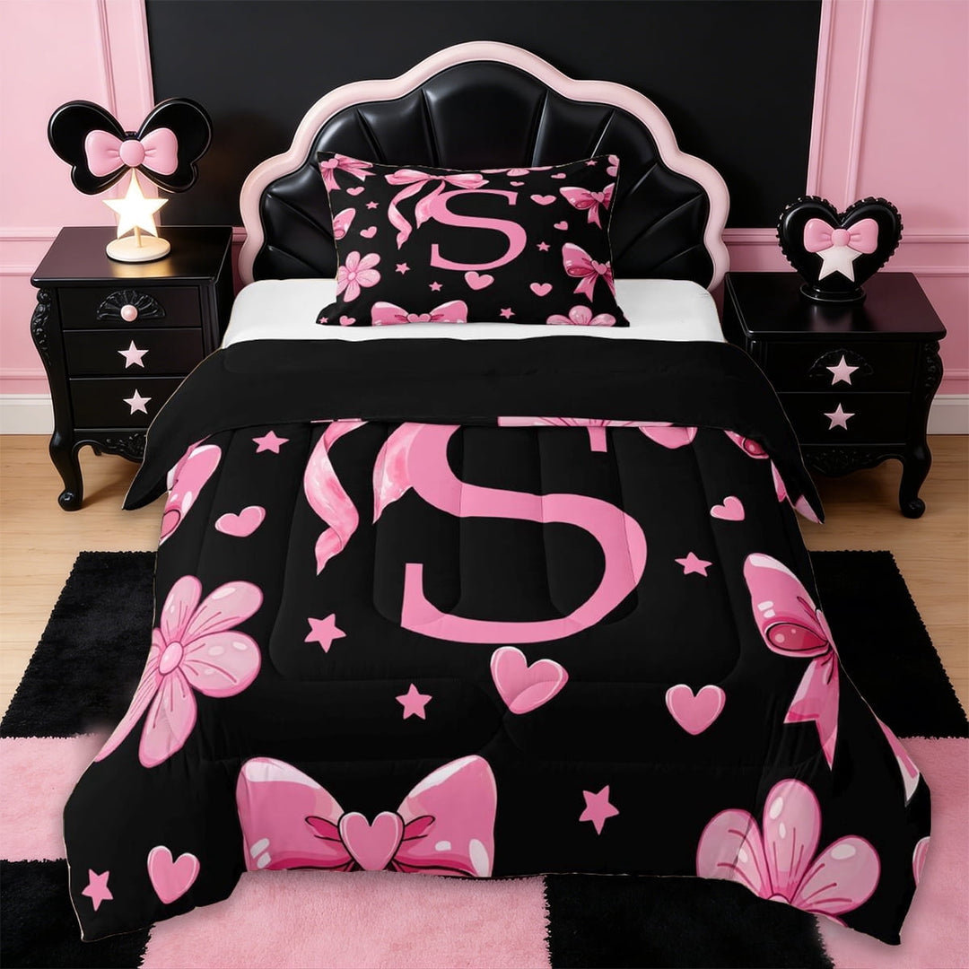 Erosebridal Pink Initial Alphabet S Twin Comforter Sets,Cute Coquette Bows Girls Bedding Set For Kids,Reversible black,2-Piece