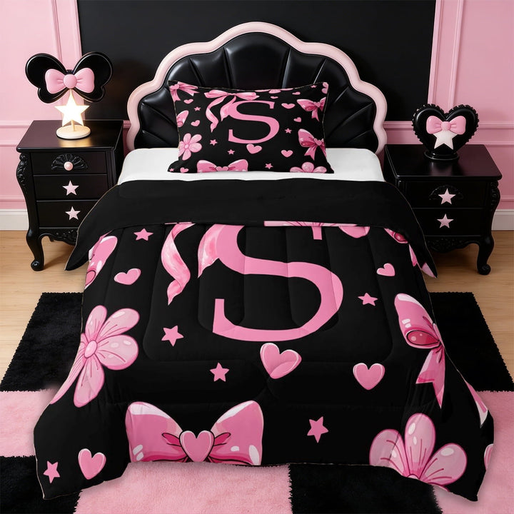 Erosebridal Pink Initial Alphabet S Twin Comforter Sets,Cute Coquette Bows Girls Bedding Set For Kids,Reversible black,2-Piece