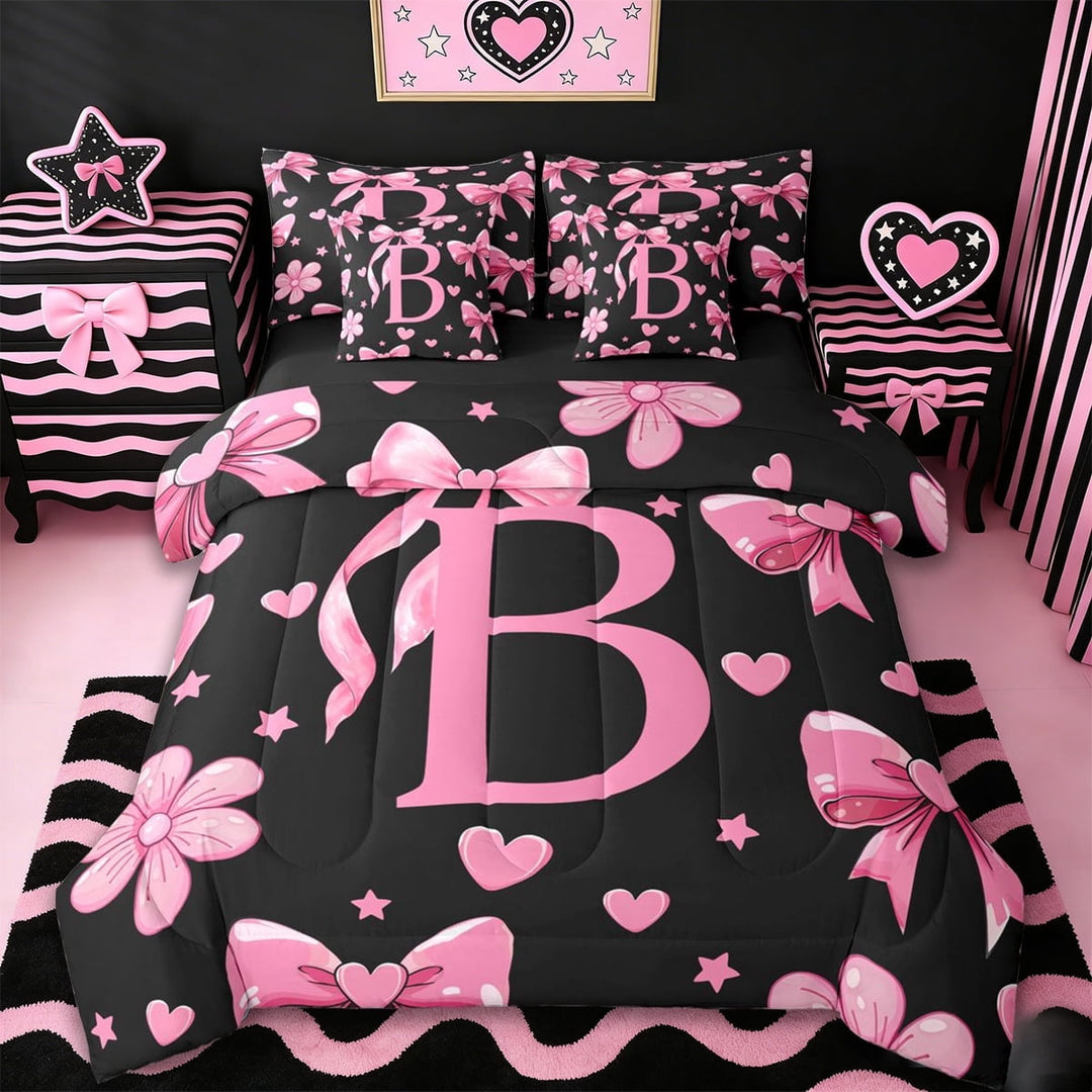 Erosebridal Cute Bowtie Letter B 7-Piece Twin Bedding Sets,Pink Bowknot Kawaii Loves Pattern Bedding Comforter Set For Girls Kids,Reversible black