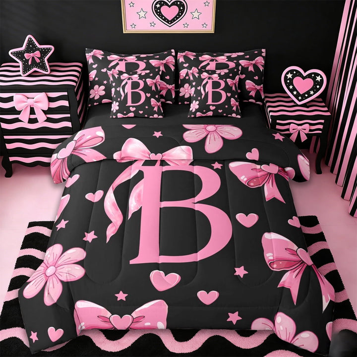 Erosebridal Cute Bowtie Letter B 7-Piece Twin Bedding Sets,Pink Bowknot Kawaii Loves Pattern Bedding Comforter Set For Girls Kids,Reversible black