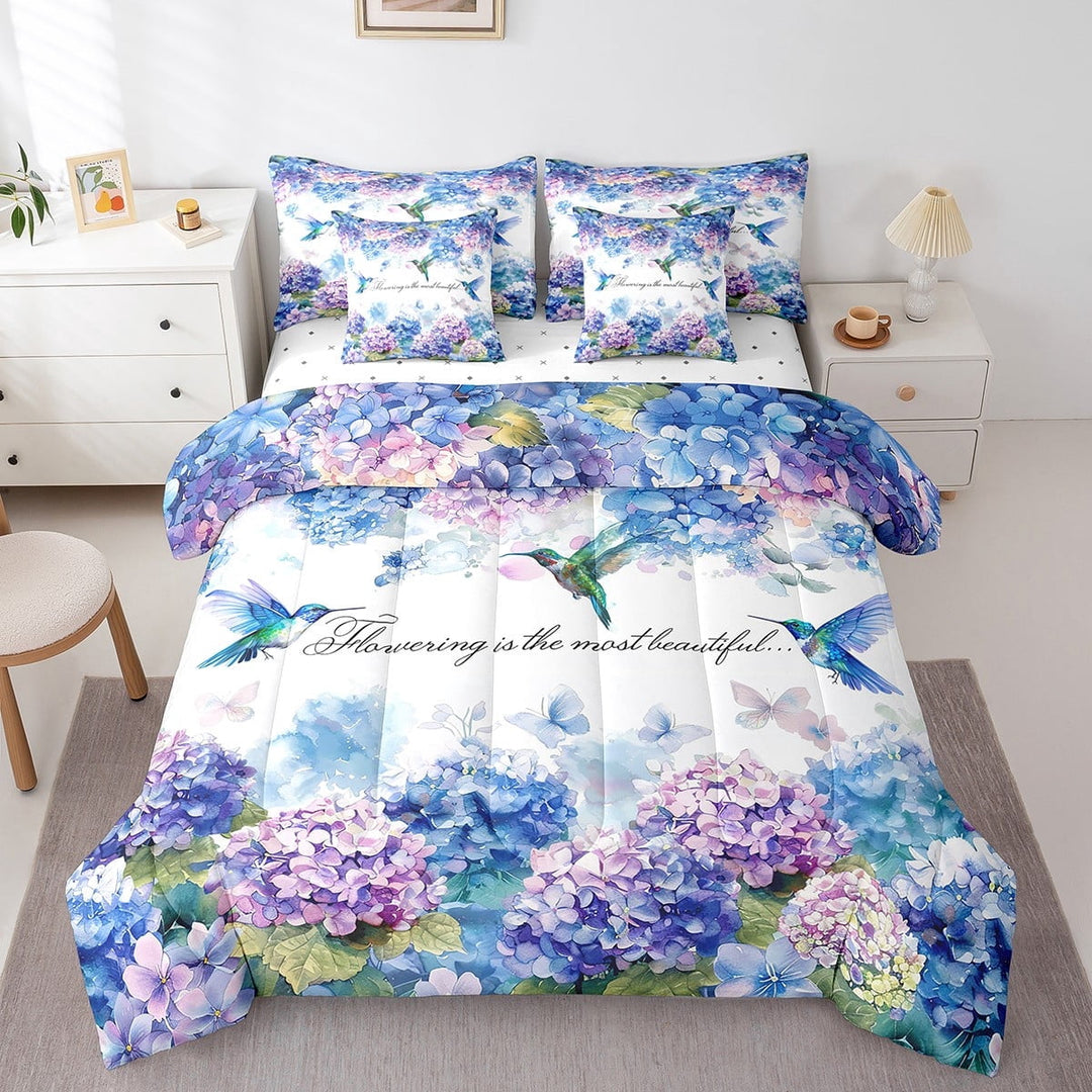 Blue Pink Hydrangea Queen Comforter Set 7-Piece Wild Hummingbird Bedding Comforter Sets, Nature Theme Bed in a Bag Chic Flower Floral Bedding Set, Animal and Bonitacal Plants Bed Sheets Set