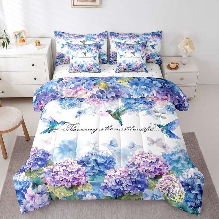 Blue Pink Hydrangea Queen Comforter Set 7-Piece Wild Hummingbird Bedding Comforter Sets, Nature Theme Bed in a Bag Chic Flower Floral Bedding Set, Animal and Bonitacal Plants Bed Sheets Set
