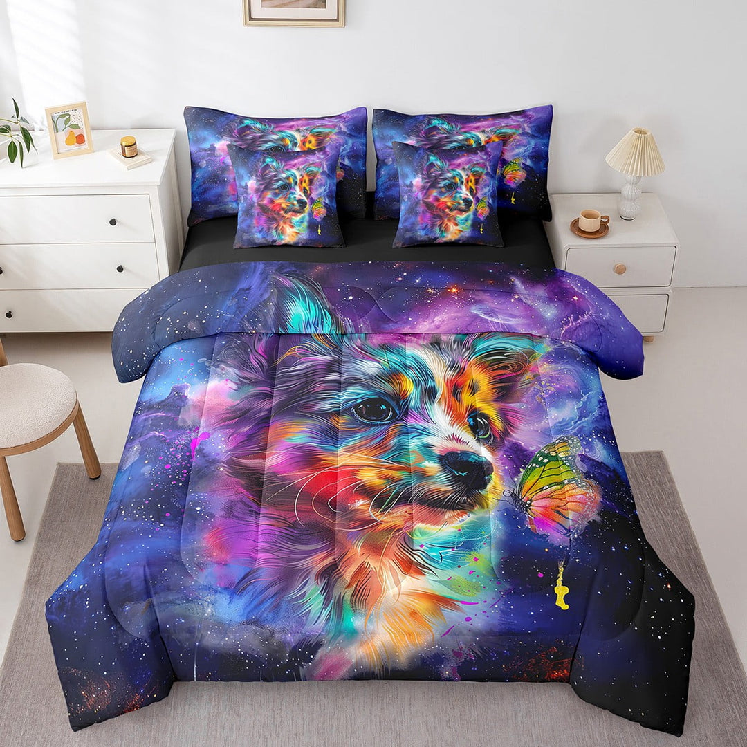 Cartoon Dog Twin Comforter Set 7-Piece Watercolor Animal Bedding Comforter Sets, Psychedelic Galaxy Stars Bed in a Bag Rainbow Graffiti Bedding Set, Trippy Nebula Cosmos Bed Sheets Set