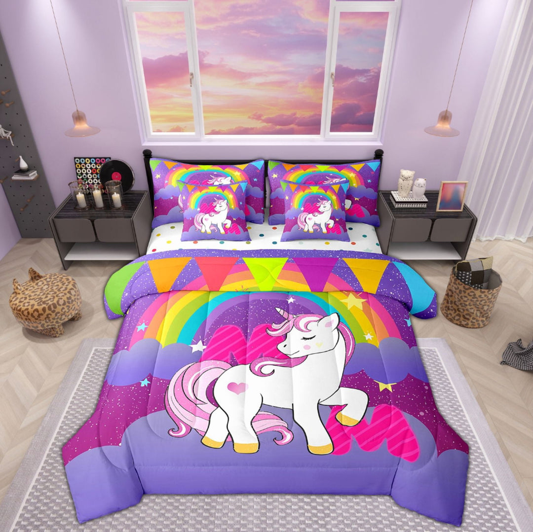 Manfei Magical Unicorn Bedding Twin Size, Initial Letter M Bed Set, Cartoon Rainbow Reversible Bed in a Bag Twin size, Ultra Soft Bedroom Decoration, 7pcs