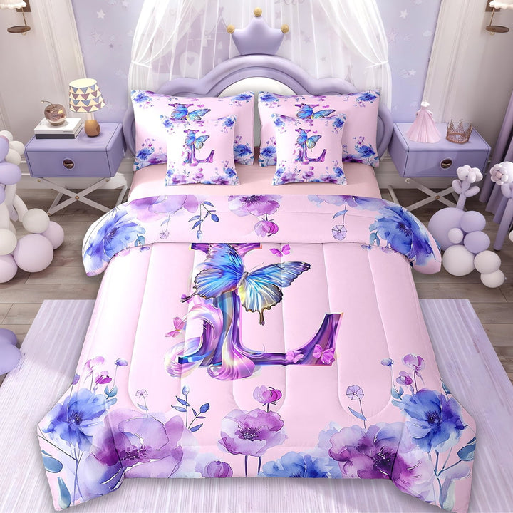 Erosebridal Initial Letter L Bedding Sets Twin Size,Colorful Butterfly Comforter Sets with Sheets,Tropical Botanical Floral Bed in a Bag Twin Size,Breathable Bedroom Decor Reversible,7-Piece