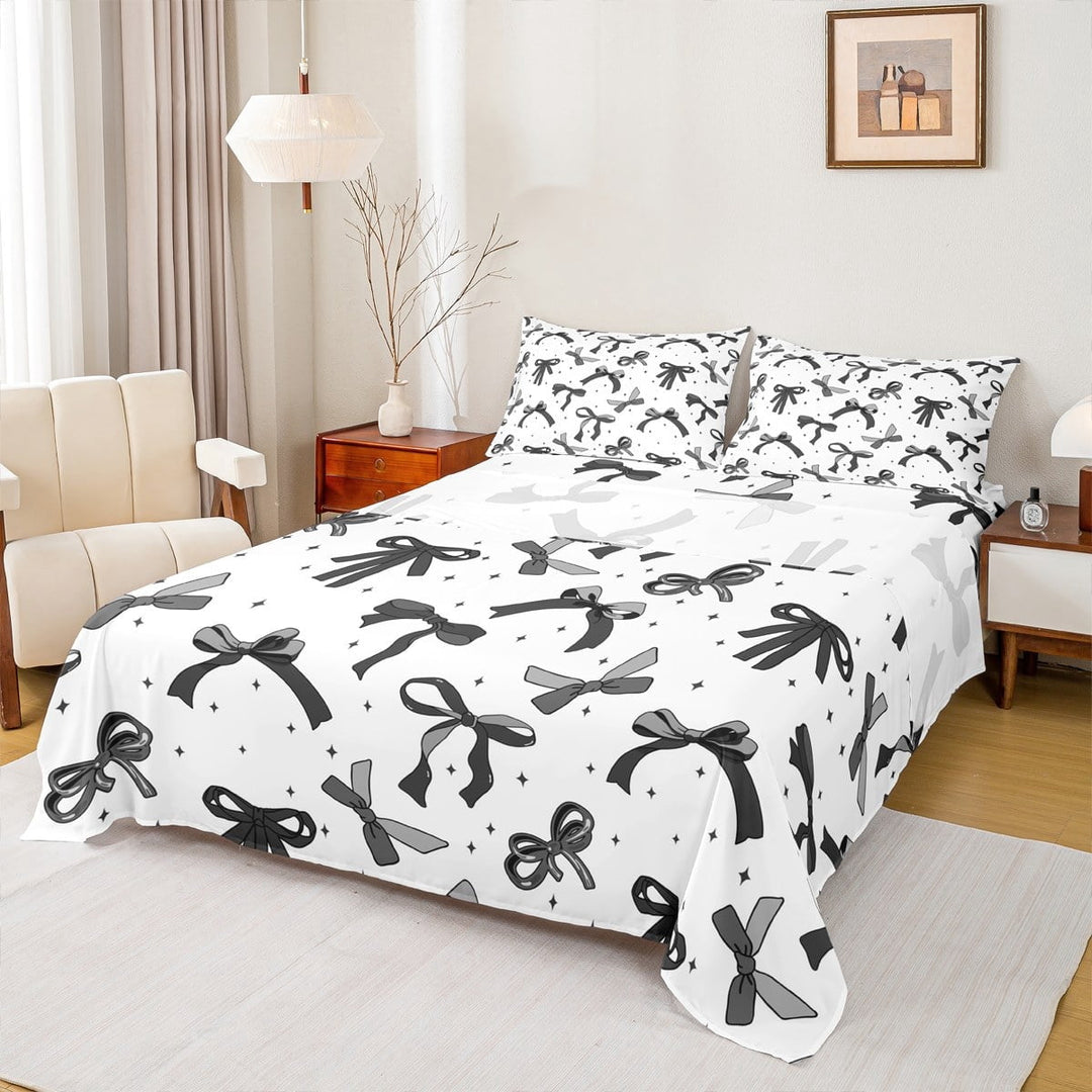 jejeloiu Cute Bowknot Queen Sheet Sets,Ribbon Bow Stars Flat Sheet,Black White Queen Fitted Sheet For Girls,Super Cozy Bedroom Decor,4pcs
