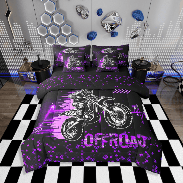 Erosebridal Dirt Bike Bedding Sets Twin Size,Cool Motorcyclist Comforter Sets with Sheets,Black Purple Bedroom Decor,Reversible,Breathable,7-Piece