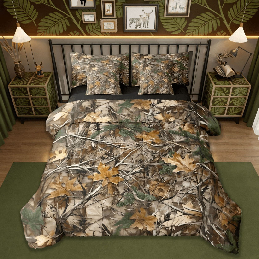 Manfei Rustic Camo 7 Pieces Bedding Comforter Set,Farmhouse Cabin Lodge &amp; Camping Tree Leaves Full Bedding Set Reversible