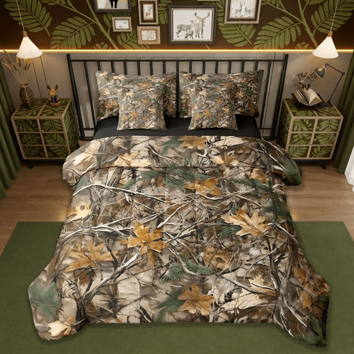 Manfei Rustic Camo 7 Pieces Bedding Comforter Set,Farmhouse Cabin Lodge &amp; Camping Tree Leaves Full Bedding Set Reversible