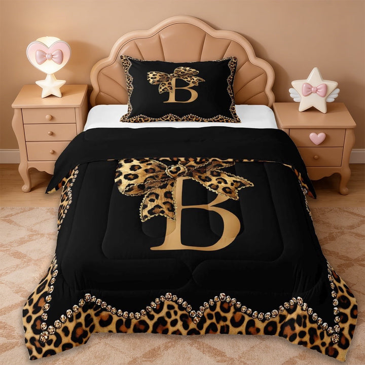 Erosebridal Initial Alphabet B Twin Comforter Sets,Kids Brown Cheetah Pattern Bowtie Bedding Set For Leopard Lovers,Reversible black,2pcs