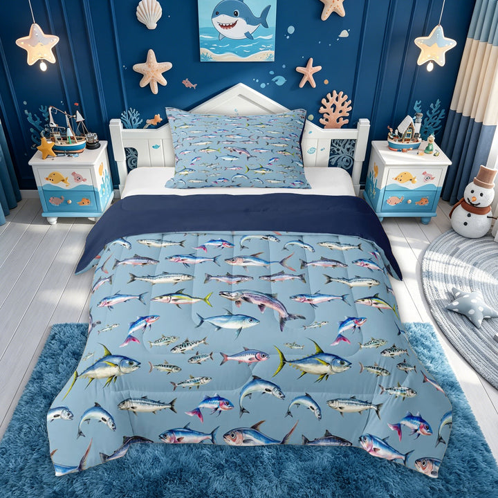 meiyoeat Tropical Fish Full Size Comforter Sets for Kids, Watercolor Starfish Animal Bedding Comforter Set, Blue, Blue Reversible, 3-Piece, 1 Comforter and 2 Pillowcases