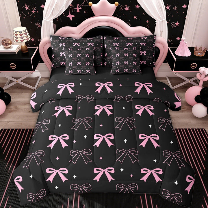 Erosebridal Girly Cute Bow Twin Bedding Sets for Kid, Kawaii Ribbon Bedding Comforter Set, Black Pink, 7 Pieces