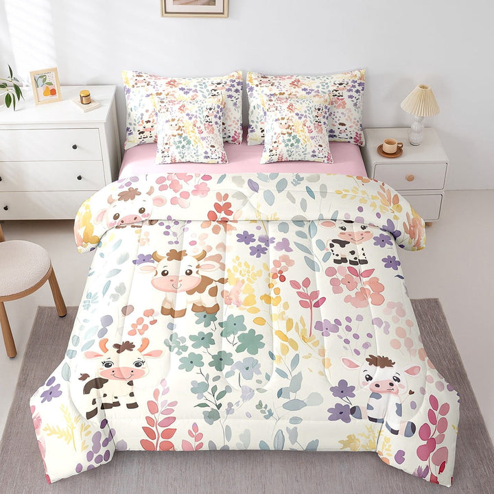 7 Piece Milk Cow Print Comforter Set Full Size,Farmhouse Animal Bedding Set,Cute Colorful Floral Bed Set Watercolor Flower Bed in a Bag with Fitted Sheet+Flat Sheet+Pillowcases
