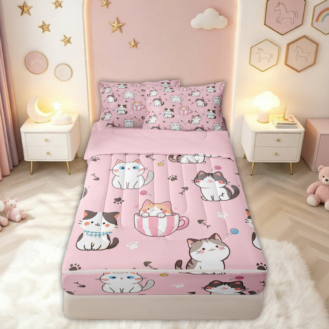meiyoeat Pink Kawaii Cat Zipper Full Size Comforter Sets with Fitted Sheet and 2 Pillowcases for Kids Girls, Cute Kitten Animal Zipper Bedding Set, Pink ReversibleG