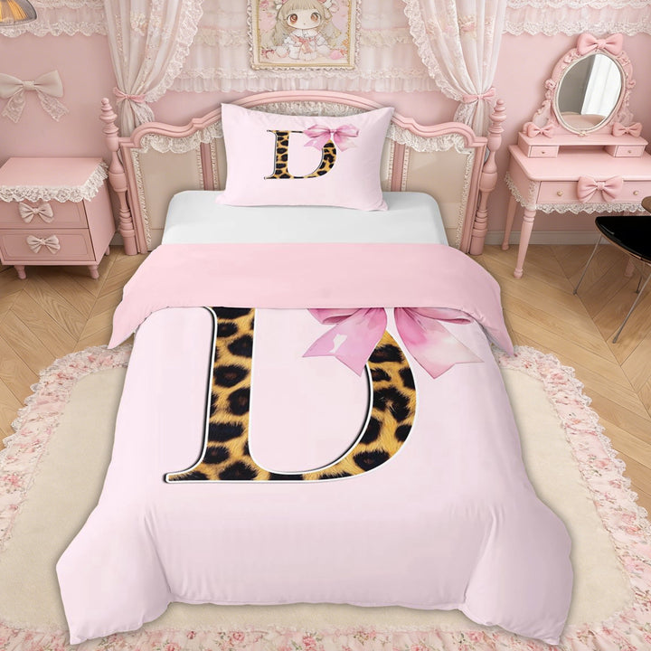Erosebridal Girly Pink Ribbon Twin Bedding, Fashion Cheetah Print D Letter Duvet Cover Set for Girls Kids, Pink Reversible, 1 Duvet Cover and 1 Pillowcase (No Comforter), 2 Pieces