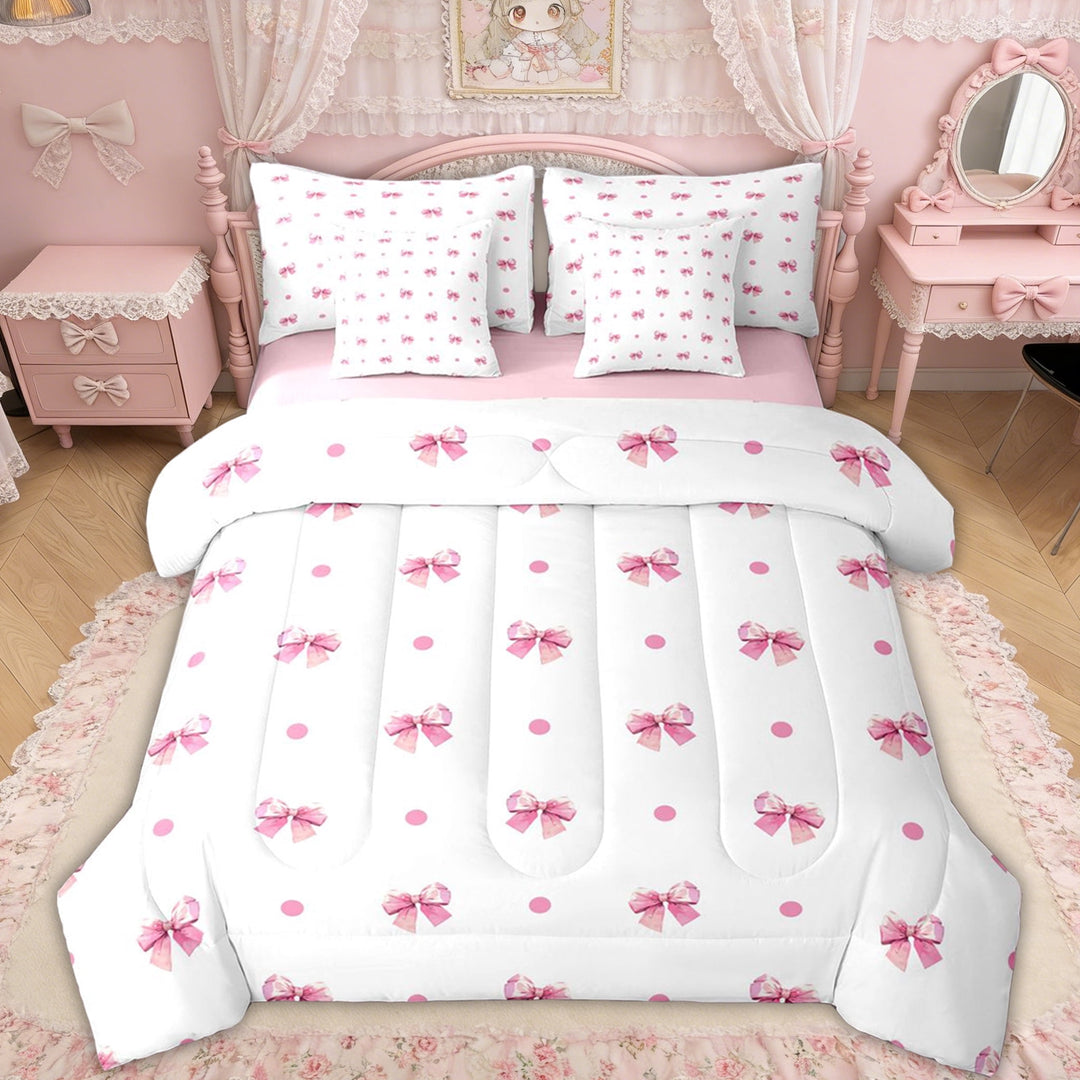 Erosebridal Bowknot Polka Dot Twin Bedding Sets for Girls, White Pink Bow Bedding Comforter Set for Kids Teens, Pink Reversible, 7pcs