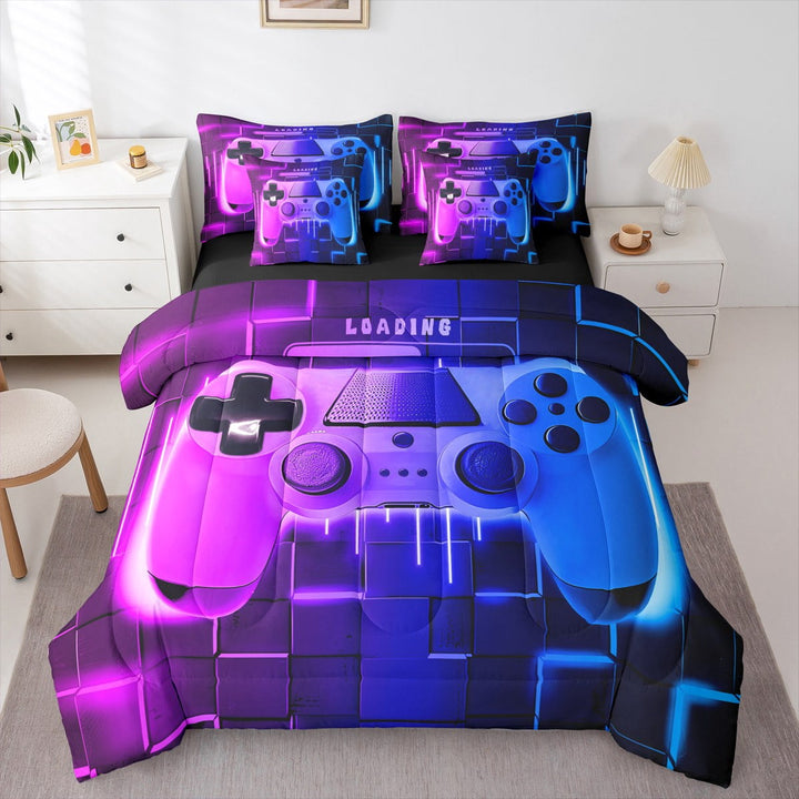 Blue Purple Gaming Comforter Set 7 Piece Bed in a Bag Twin,Gamer Bedding Sets Neon Lights Abstract Geometry Sheet Set with Comforter Gamer Room Decor