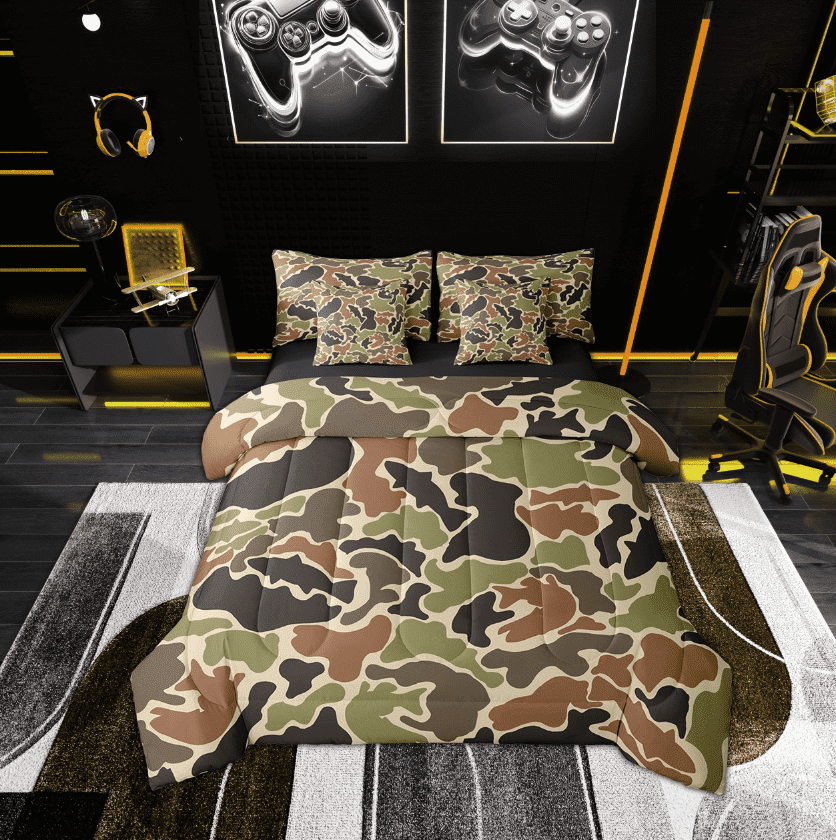 Erosebridal Brown Camouflage Bedding Twin Size, Abstract Camo Comforter Sets with Sheets, Modern Bedroom Decor, Reversible 7pcs