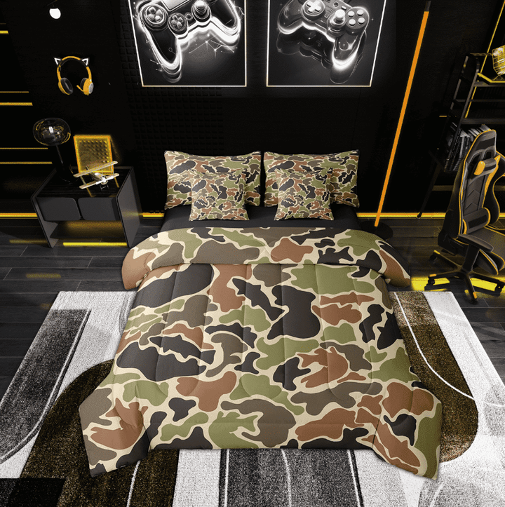 Erosebridal Brown Camouflage Bedding Twin Size, Abstract Camo Comforter Sets with Sheets, Modern Bedroom Decor, Reversible 7pcs