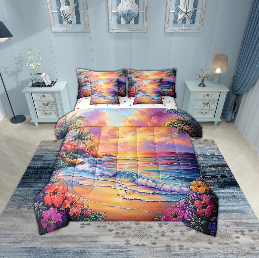 Erosebridal Ocean Beach Bedding Sets Twin Size,Pink Flower Comforter Sets with Sheets,Summer Holiday Decor,Reversible,Breathable,7pcs